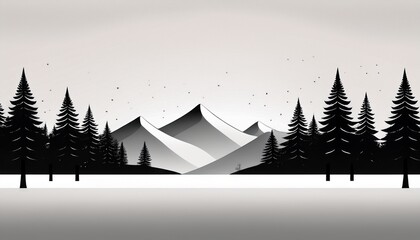 Snowy Minimalist Landscape Scene With Black Trees And White Mountains