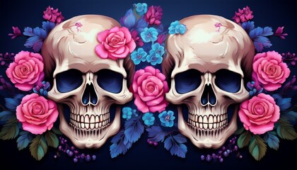 Fototapeta premium Two Skulls with Pink Roses and Blue Floral Pixel Art