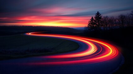 Winding road at sunset, car light trails