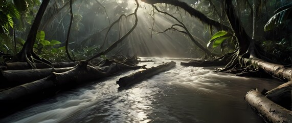 Flooded river channel cutting through dense tropical jungle water swirling around thick roots and fallen logs