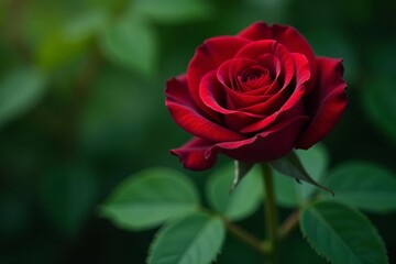 Elegant dark red rose surrounded by lush green leaves, blossom, detail, close-up