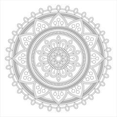 A detailed mandala design featuring intricate floral patterns and geometric shapes, suitable for coloring or artistic projects.