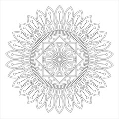 A detailed black and white mandala design featuring intricate floral patterns and geometric shapes, suitable for coloring or artistic projects.