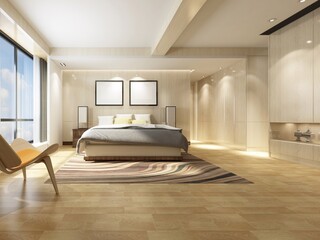 Mock up of a bright bedroom with a large comfortable bed and a fashionable decorative background, 3D rendering.