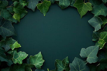 Fototapeta premium A close-up shot of vibrant ivy leaves forming a natural frame around a dark background, emphasizing the texture and color of the leaves. The green tones create a calm and serene atmosphere.