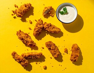 Real overhead photography, tasty food, influencer style, buttermilk chicken strips informal scattered, mayo dip fo