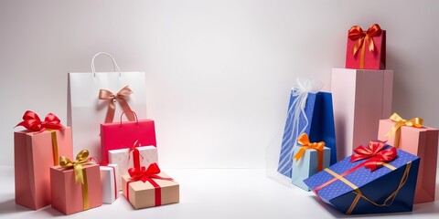 Elegant gift bags, various sizes & designs, on white backdrop, template, gift wrapping