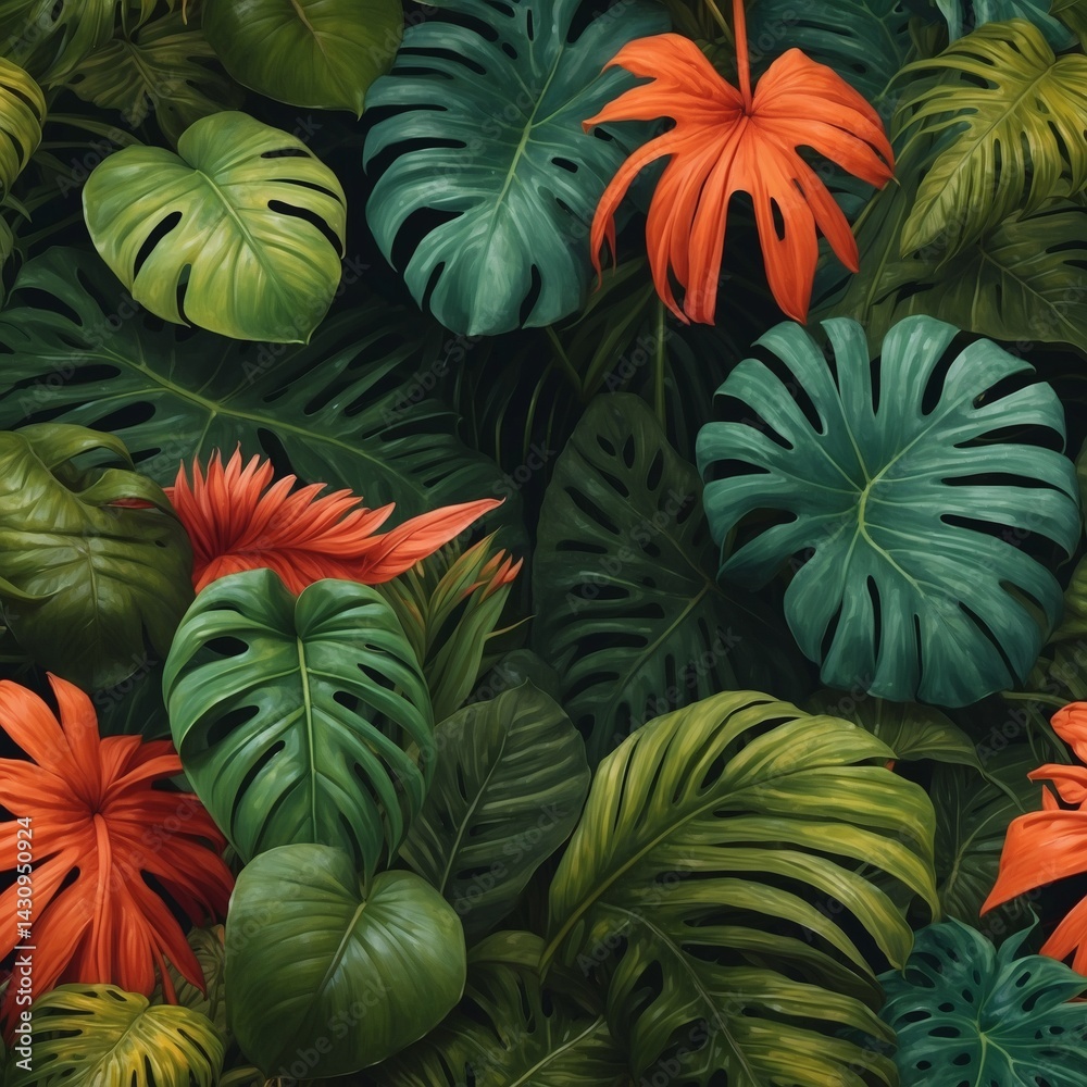 Poster lush jungle foliage in a vibrant display of colors and textures, with large monstera leaves filling 