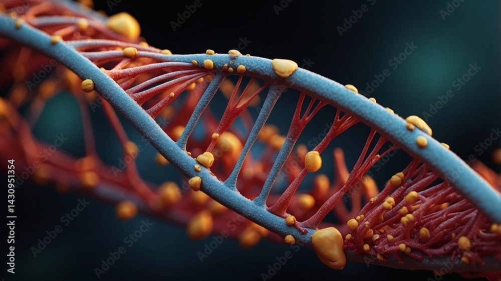Poster a detailed, 3d rendering of a double helix DNA structure in its complex, detailed form. The blue helix stands out on the dark background with strands of orange.