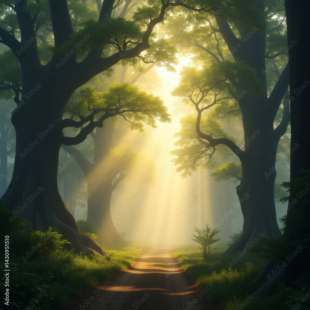 Poster a path through a mystical forest illuminated by warm sunlight, creating an ethereal atmosphere 