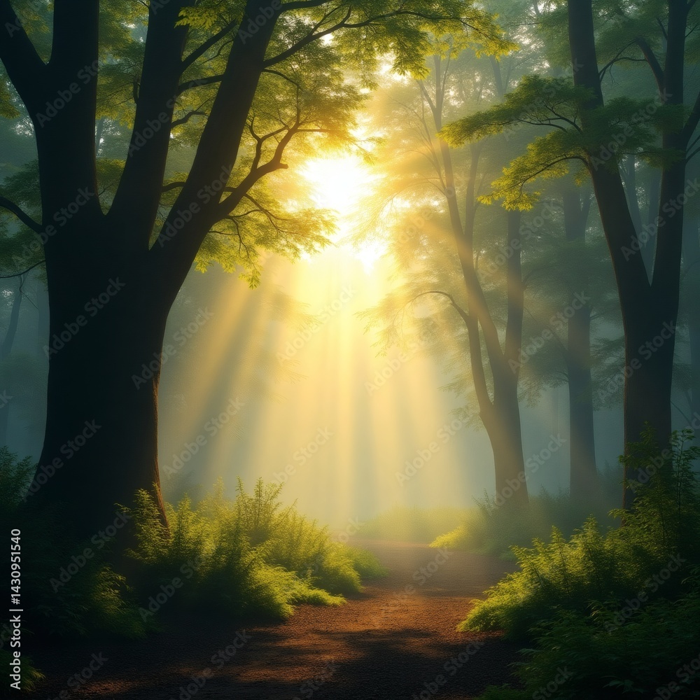 Poster a stunning view of a sunlit forest path with sunlight streaming through trees