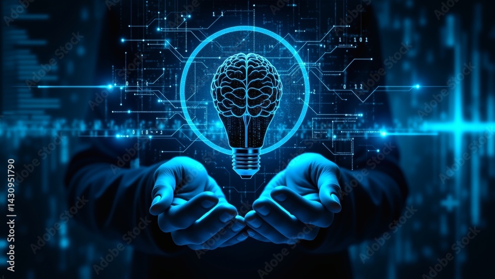Poster a person in a dark-colored hooded sweatshirt holds their hands open, with a glowing lightbulb with a