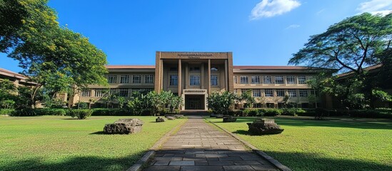 Obraz premium University Building, Sunny Campus, Tropical Trees