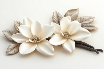 Fototapeta premium Elegant White Magnolia Flowers with Vanilla Beans on a Soft Background