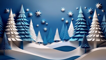 Stylized Winter Scene with Blue and White Paper Trees on Snowy Hill