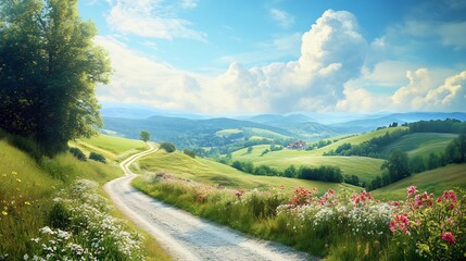 Serene Country Road Winding Through Idyllic Hillscape