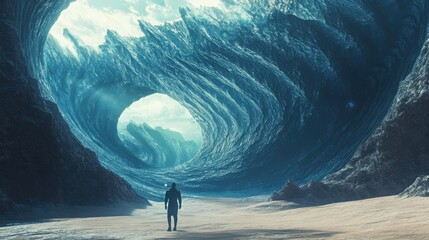 Surreal Beach Scene with Giant Waves and a Solitary Figure in Awe