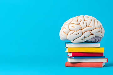 Human brain on stacked books isolated on blue background