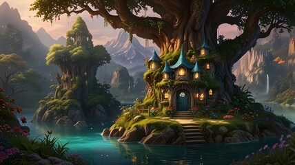 Enchanted island home, fairy tale, magical, serene, forest, tranquil, landscape
