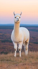 Fototapeta premium Serene White Alpaca Gazing Majestically Over the Hillside of excellence in splendor beyond compare
