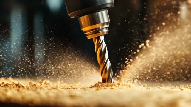 Drill drilling wood with flying sawdust in workshop