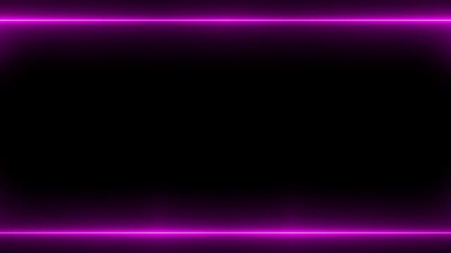 Neon appearing and disappearing glowing purple perpendicular horizontal long lines frame on black background. Space for your own content.