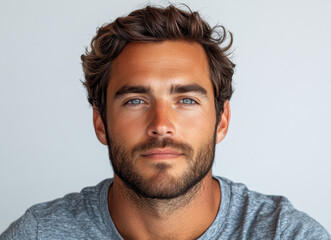 Fototapeta premium Portrait of Confident Young Male with Beard and Blue Eyes in Casual Gray Shirt Studio Shot