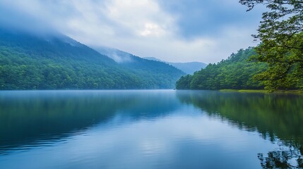 Serene Mountain Lake: Misty Greens and Tranquil Reflections