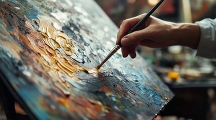 Obraz premium Artist's hand applying thick impasto paint to a canvas.