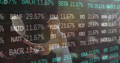 female tennis player swinging racket on court, with finance stock tickers overlaying chart lines - Powered by Adobe