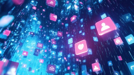 Colorful Digital Icons Flowing in a Virtual Space Environment