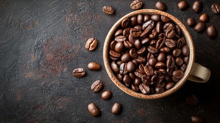 Obraz premium Coffee cup filled with roasted beans on dark background
