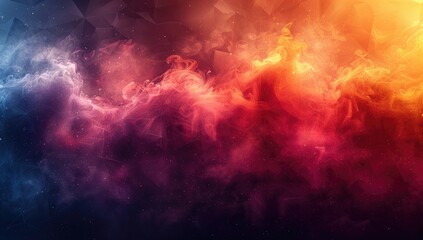 Fototapeta premium Abstract background with low poly triangles, gradient from red to blue, blurred shapes of sun and fire in the sky, 