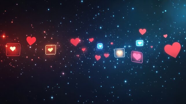 Colorful Hearts Floating in Digital Space with Stars and Lights