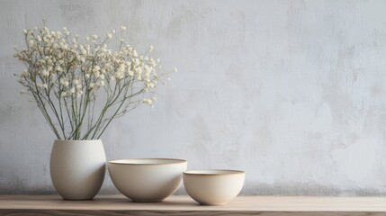 Minimal ceramic vases with dried flower on shelf