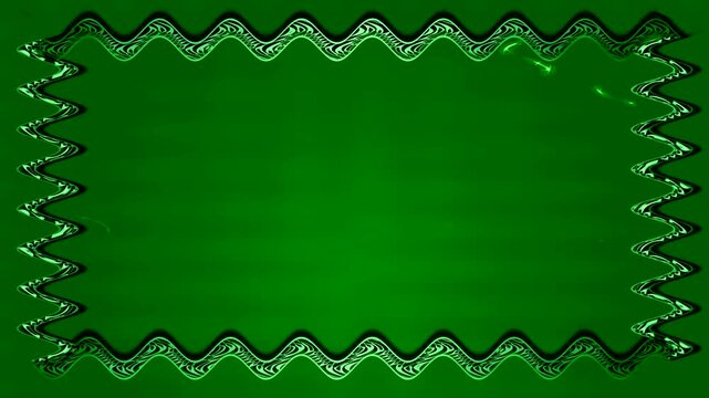 Long rectangular wavy horizontal decorated thick golden still long lines closed frame on dark green background. Space for your own content.