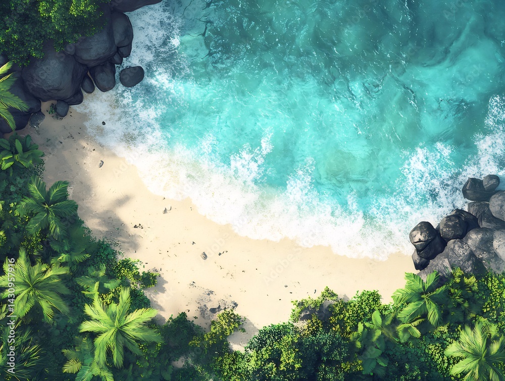 Poster 青い海と白い砂浜に囲まれた緑豊かな熱帯の風景 上からの視点 夏の日差しが降り注ぐ楽園の景色