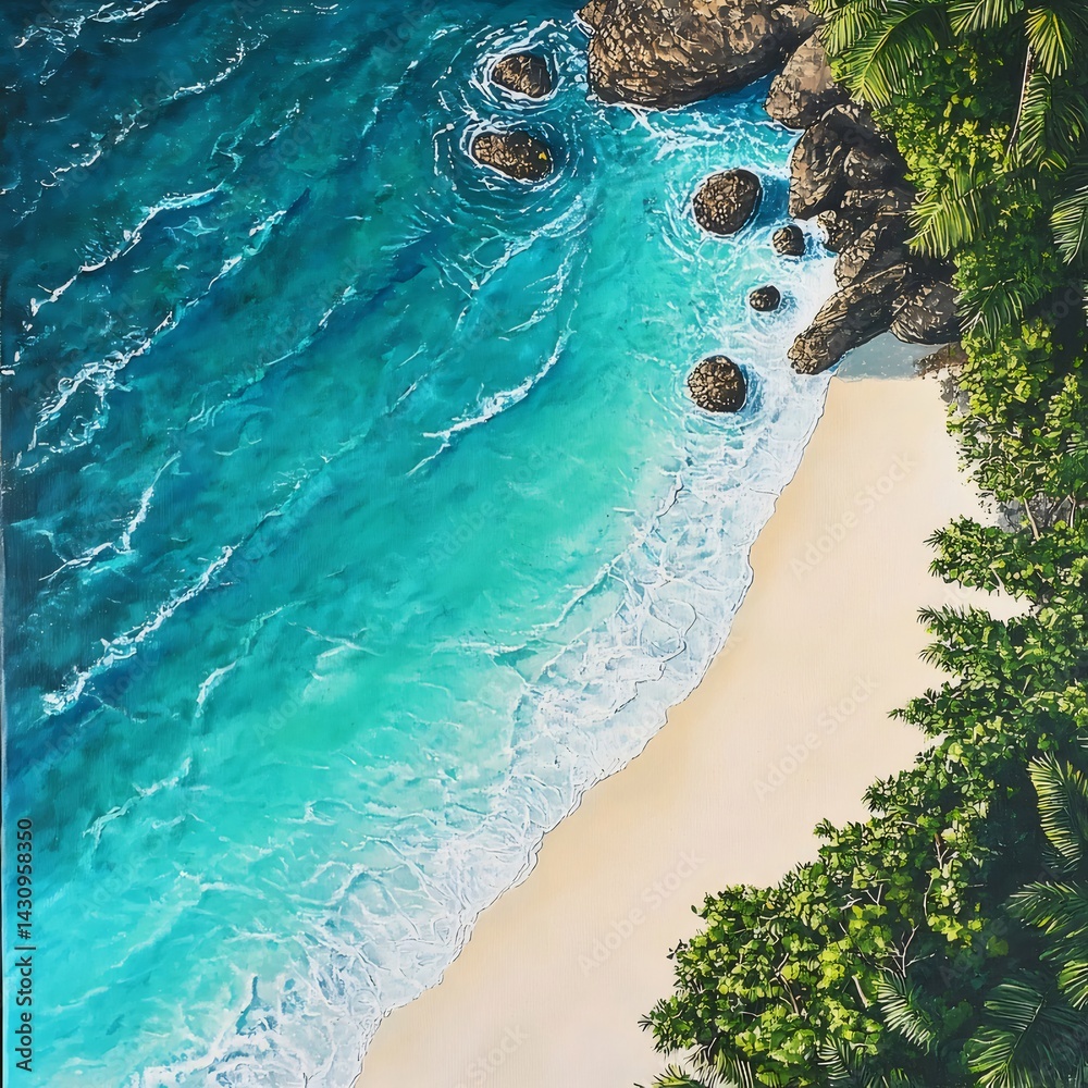 Poster 鳥瞰図のビーチ 緑の木々と白い砂浜 エメラルドグリーンの海 青い波が打ち寄せる穏やかな夏の風景