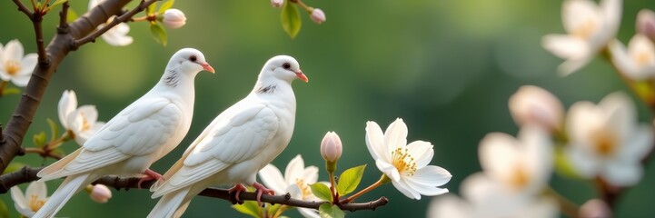 Elegant white doves perched among delicate blossoms in a garden setting, doves, blossoms, wildlife