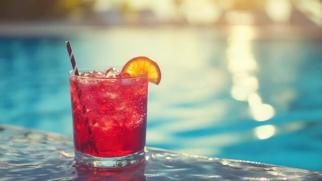 Red cocktail with ice and orange slice by the swimming pool at sunset