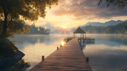 Serene Sunrise: Wooden Pier Leading to Lakeside Gazebo