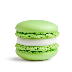 Green macaron isolated on white background. Mint flavor macaron french delicate dessert