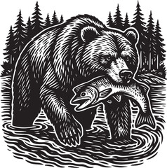 bear fishing salmon hand drawn vector illustration