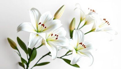 Fototapeta premium Elegant white lilies against a pure white backdrop, close-up, petal