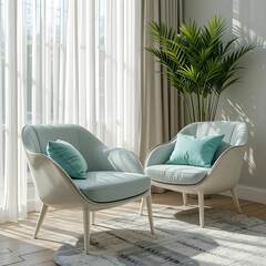 
Modern corner with transparent acrylic clock table, stylish chair with mint green cushion and summer sheer curtain background