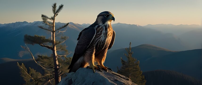 Falcon perched on windswept mountain stalwart pine with broad valleys stretched under a clear sky