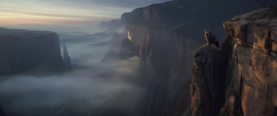 Falcon perched on towering cliff with spectacular valley views shrouded in morning mist below