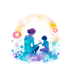 Mother and Daughter in Bloom – Colorful Watercolor Silhouette