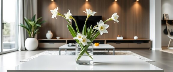 Elegant white narcissus in glass vase atop sleek coffee table in minimalist living room, apartment, minimalist
