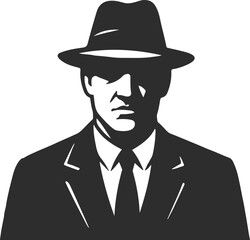 A stern man in a tuxedo and hat, a black silhouette icon, a man in a hat and tuxedo, a mafia man.